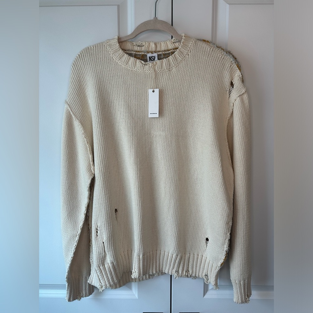 NSF Women’s Jacobs Crochet-Back Distressed Cotton Knit Sweater NWT Size Small